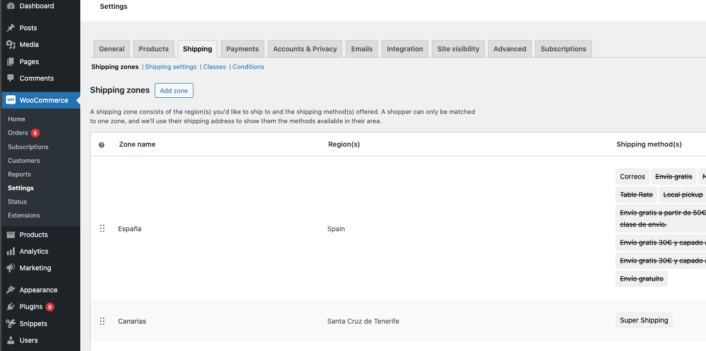 zonas de envío woocommerce